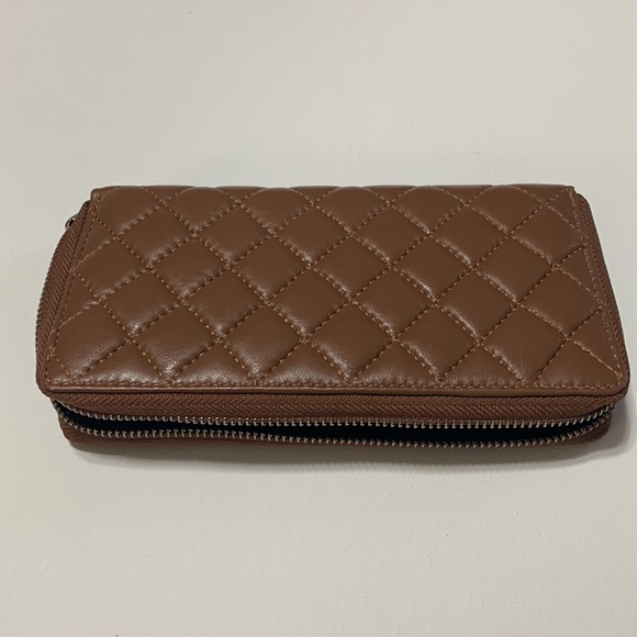 Designer Inspired RFID Genuine Leather Quilted Zip Around Clutch Wallet Cognac - Picture 10 of 11